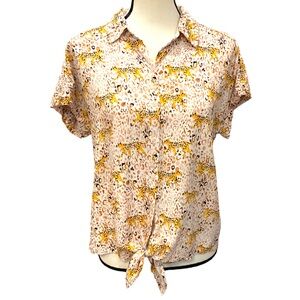 Jane + Delancey Womens Medium Top White Pink Cheetah Short Sleeve Front Tie